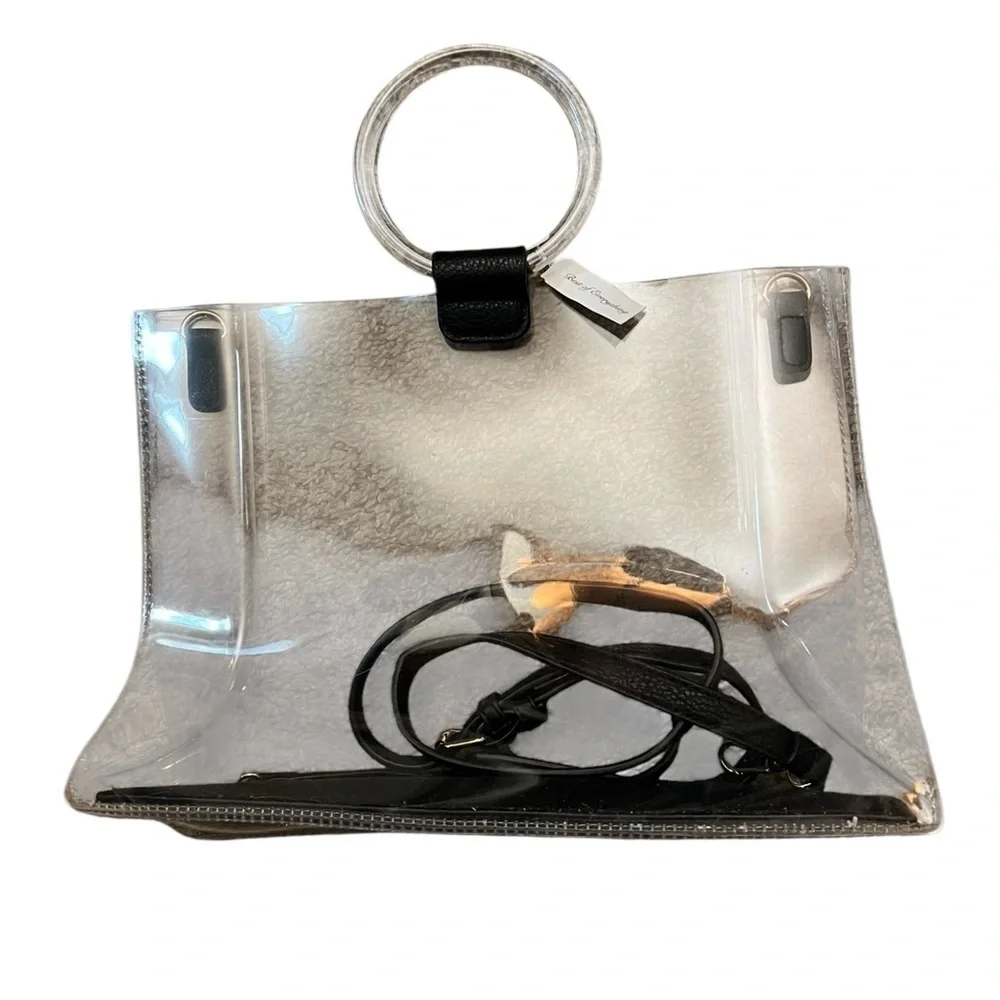 BEST OF EVERYTHING Small Thick Clear Tote Bag w/ Ring Handles & Black Strap